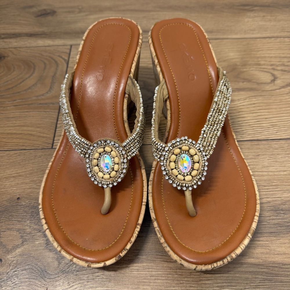 Skemo Beaded Cork Wedge Thong Sandals Boho Rhinestone‎ Flip Flops Womens 9